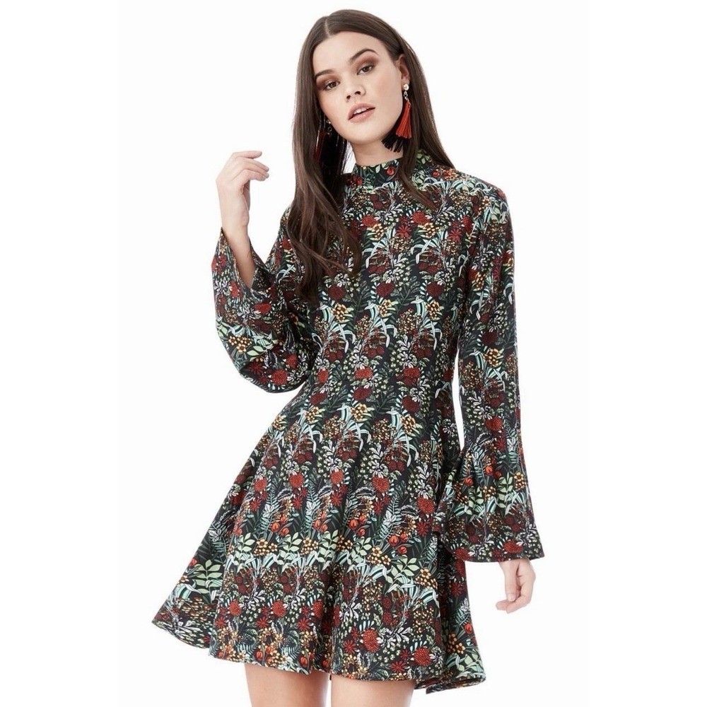 Zara Basic NWT XS Floral Mini Dress Mock Neck Bell Sleeve Back Zip Viscose